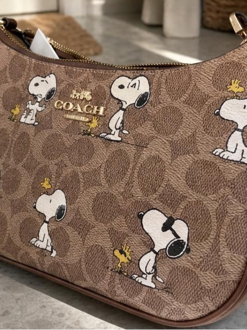 Coach Brown Snoopy Printed Wristlet with Gold Hardware - Picture 2 of 7